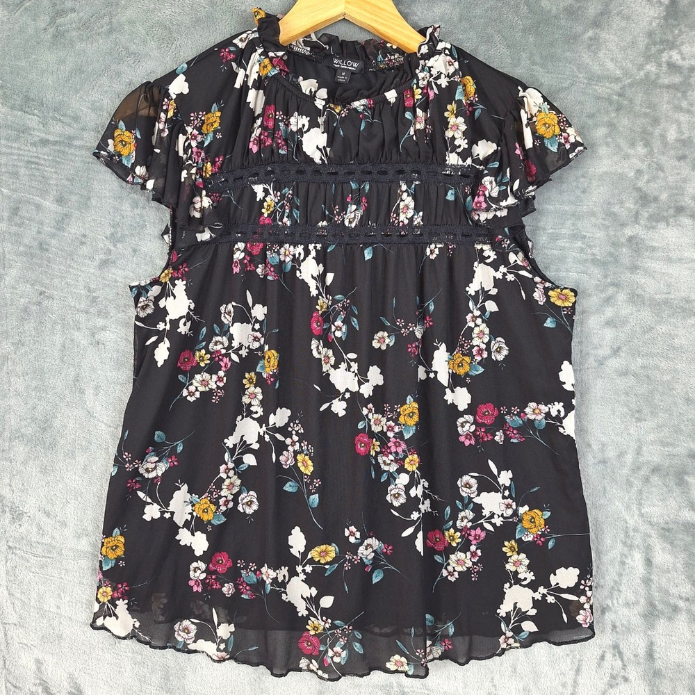 Womens Top Medium Black Floral Lace Fairy Ruffle Whimsigothโ Romantic Feminine